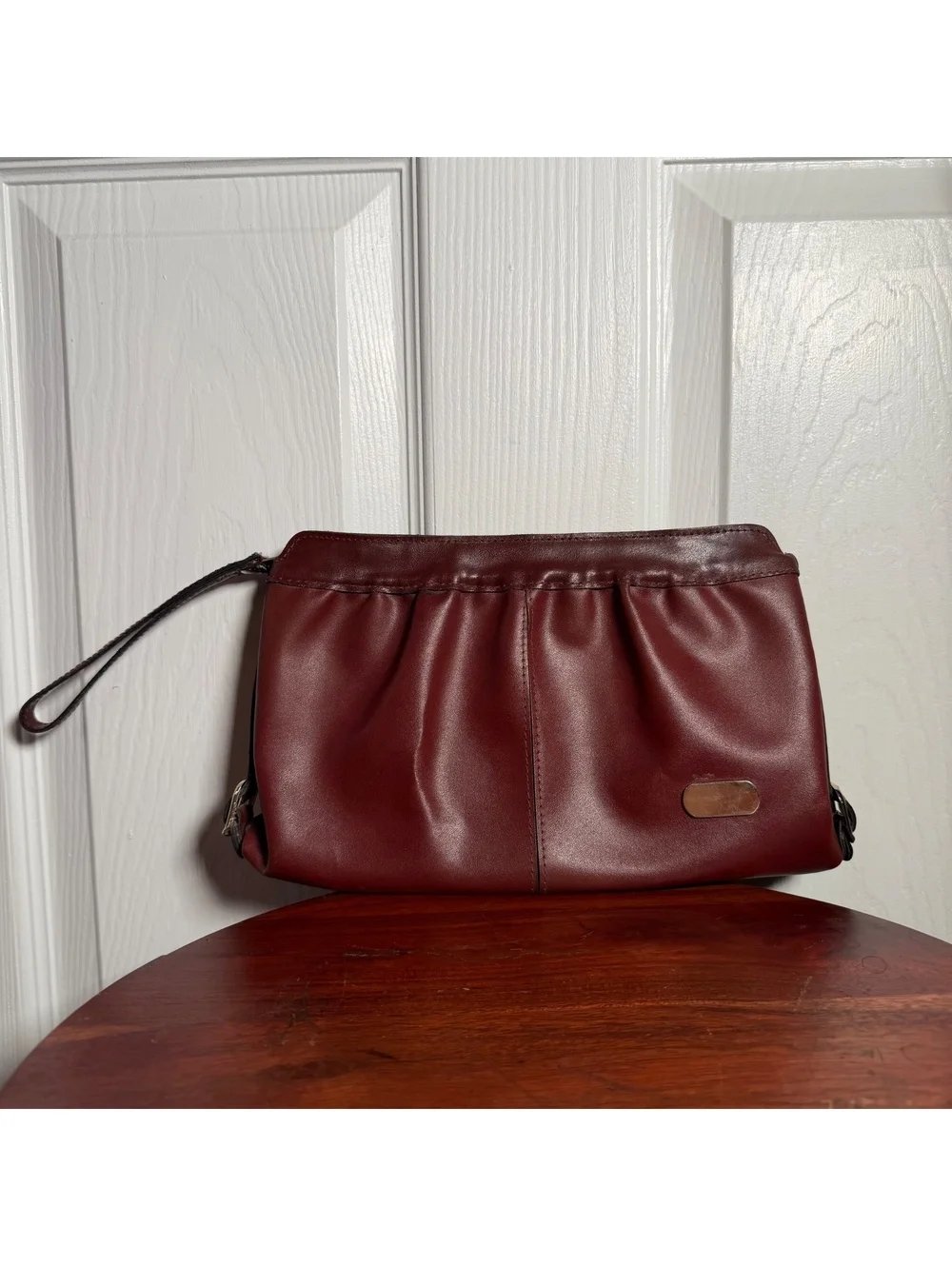 Deep Burgundy Faux Leather Clutch Wristlet Purse Ruched Zip Evening Bag Womens